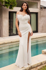 Oksana Gown - Feather Trim Sequin Dress - Off White