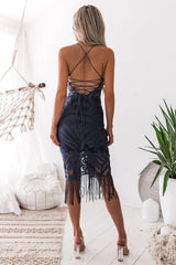 Khaleesi Dress - Steel Blue - Lace Dress With Fringe