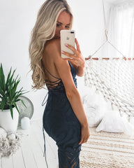 Khaleesi Dress - Steel Blue - Lace Dress With Fringe