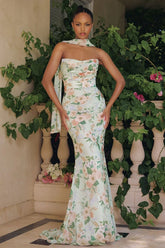 BRIANNA GOWN - STRAPLESS SAGE FLORAL CHIFFON GOWN WITH SCARF