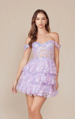 BRENNA MINI DRESS - LILAC - OFF SHOULDER TIERED SHORT DRESS
