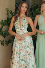 CHEYENNE GOWN - SAGE FLORAL CHIFFON HALTER DRESS