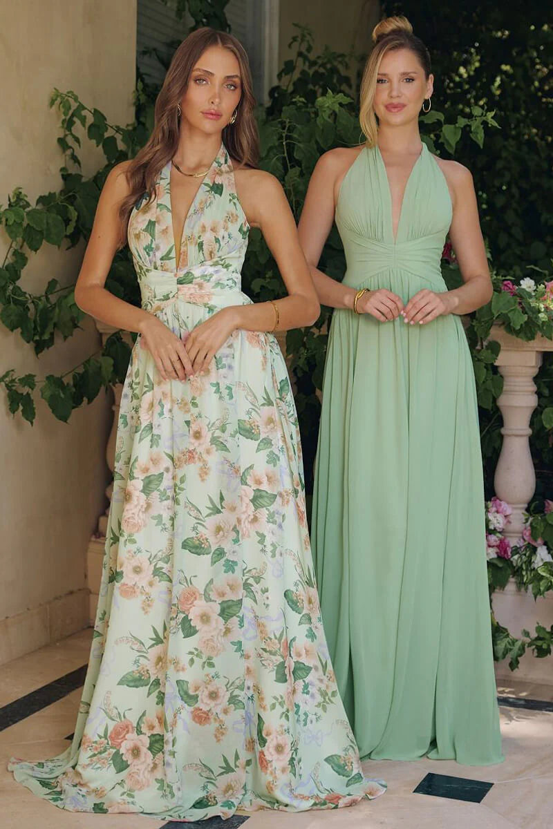 CHEYENNE GOWN - SAGE FLORAL CHIFFON HALTER DRESS
