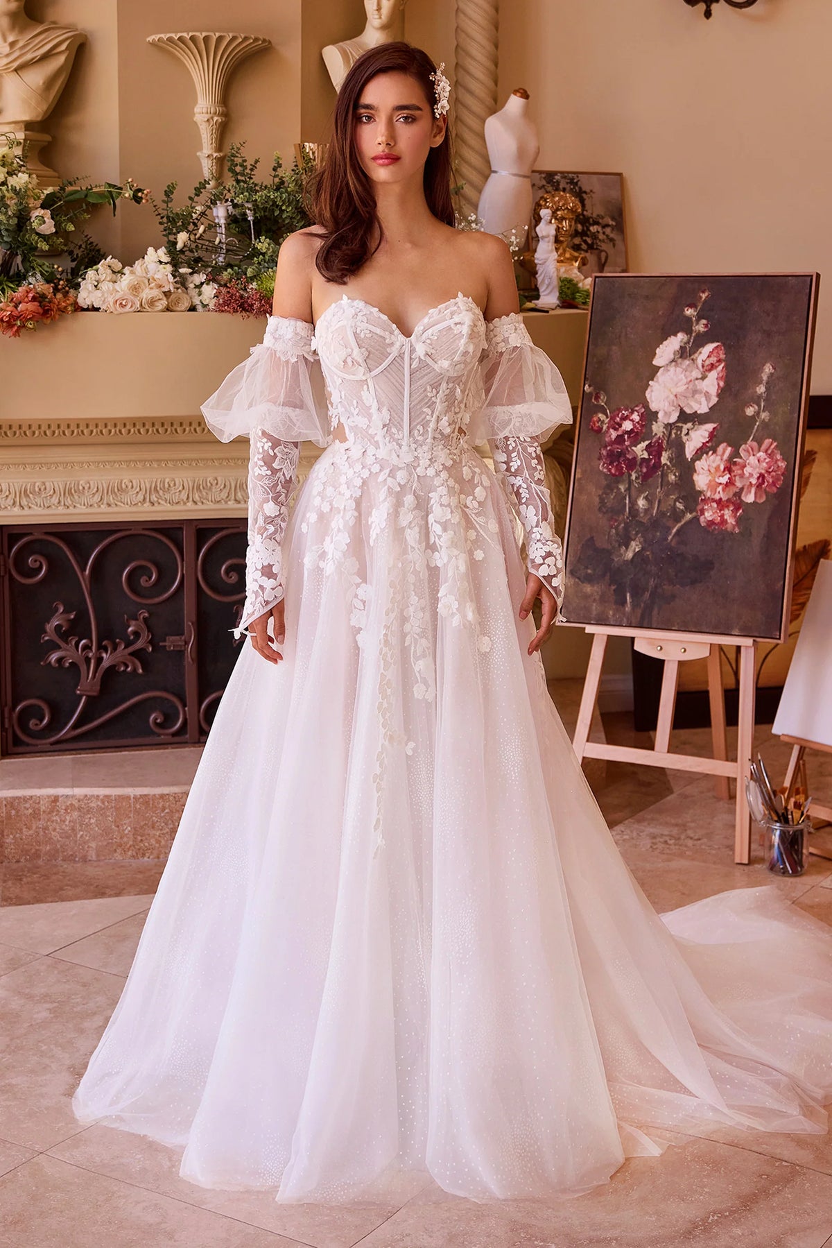 WL032 - Floral Appliqued Strapless Wedding Ball Gown - Andrea & Leo