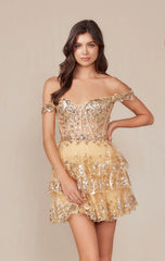 BRENNA MINI DRESS - GOLD - OFF SHOULDER TIERED SHORT DRESS